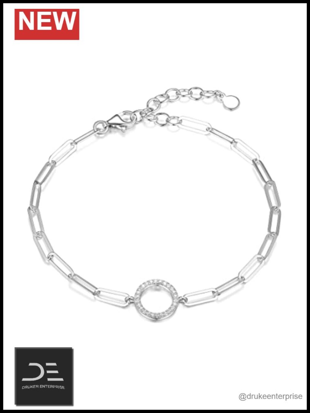 Sterling Silver Cubic Zirconia Circle Paperclip Chain Bracelet with Extender